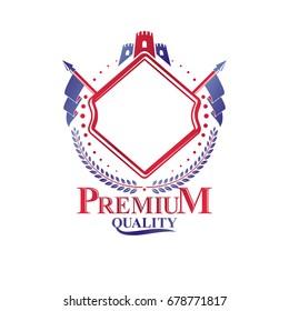 Ancient Fort emblem. Heraldic Coat of Arms decorative logo isolated vector illustration decorated with medieval fortress and laurel wreath.