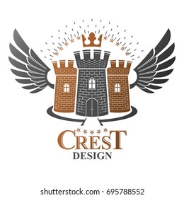 Ancient Fort emblem. Heraldic Coat of Arms decorative logo isolated vector illustration. Antique logotype in old style on white background.