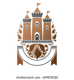 Ancient Fort emblem. Heraldic Coat of Arms decorative logo isolated vector illustration. Ornate logotype in old style on white background.