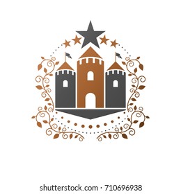 Ancient Fort emblem. Heraldic Coat of Arms decorative logo isolated vector illustration. Antique logotype in old style on white background.
