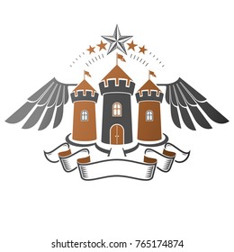 Ancient Fort emblem. Heraldic Coat of Arms decorative logo isolated vector illustration. Ornate logotype in old style on white background.
