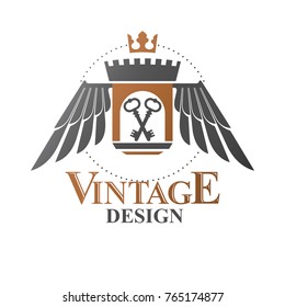 Ancient Fort emblem. Heraldic Coat of Arms decorative logo isolated vector illustration. Ornate logotype in old style on white background.