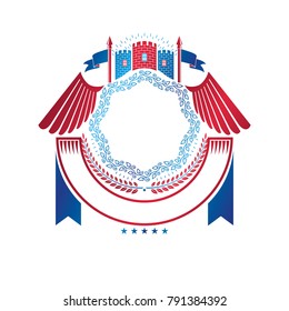 Ancient Fort emblem. Heraldic Coat of Arms decorative logo with wings isolated vector illustration decorated with medieval fortress and laurel wreath.
