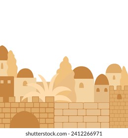 Ancient fortress with arc,palm and cypress trees flat vector illustration