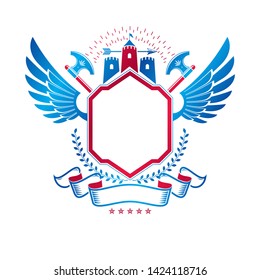Ancient Fortress emblem with eagle wings and hatchets. Heraldic Coat of Arms, vintage vector logo created using historic tower and decorative ribbon.