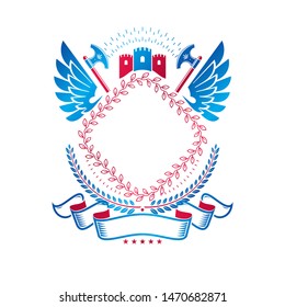 Ancient Fortress emblem with eagle wings and hatchets. Heraldic Coat of Arms, vintage vector logo created using historic tower and decorative ribbon.