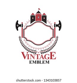 Ancient Fortress emblem with hatchets. Heraldic Coat of Arms, vintage vector logo created using historic tower and decorative ribbon.