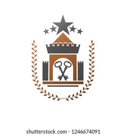 Ancient Fortress emblem. Heraldic Coat of Arms, vintage vector logo. Ornate logotype in old style on isolated white background.