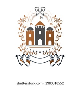 Ancient Fortress emblem. Heraldic Coat of Arms, vintage vector logo. Ornate logotype in old style on isolated white background.