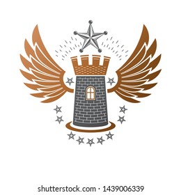 Ancient Fortress emblem. Heraldic Coat of Arms, vintage vector logo. Retro logotype in old style on isolated white background.