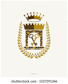 Ancient Fortress emblem. Heraldic Coat of Arms, vintage vector logo. Ornate logotype in old style on isolated white background.