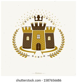 Ancient Fortress emblem. Heraldic Coat of Arms, vintage vector logo. Ornate logotype in old style on isolated white background.