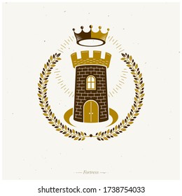 Ancient Fortress emblem. Heraldic Coat of Arms, vintage vector logo. Ornate logotype in old style on isolated white background.