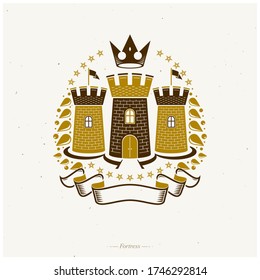 Ancient Fortress emblem. Heraldic Coat of Arms, vintage vector logo. Antique logotype in old style on isolated white background.