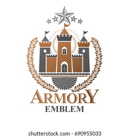 Ancient Fortress emblem. Heraldic Coat of Arms, vintage vector logo. Retro logotype in old style on isolated white background.