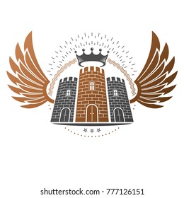 Ancient Fortress emblem. Heraldic Coat of Arms, vintage vector logo. Ornate logotype in old style on isolated white background.