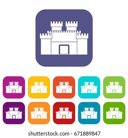 Ancient fortress icons set vector illustration in flat style In colors red, blue, green and other