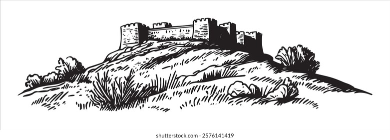 ancient fortress on a hilltop with surrounding vegetation in black and white style