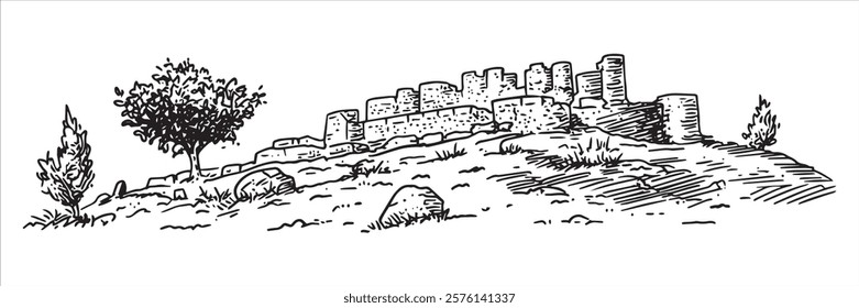 ancient fortress ruins on hillside in black and white hand-drawn style