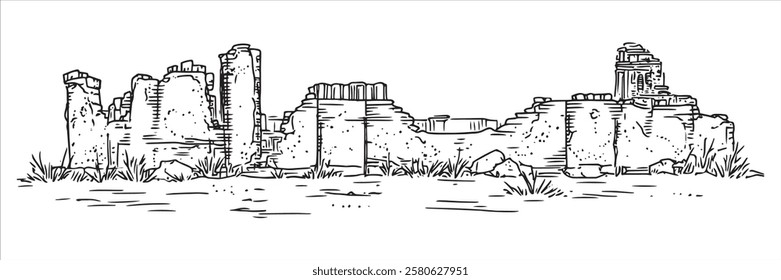 ancient fortress ruins with scattered rocks, hand-drawn vector illustration