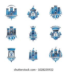 Ancient Fortresses emblems set. Heraldic Coat of Arms, vintage vector logos collection.