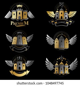 Ancient Fortresses emblems set. Heraldic Coat of Arms, vintage vector logos collection.