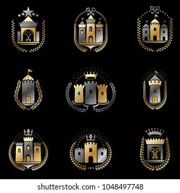 Ancient Fortresses emblems set. Heraldic Coat of Arms, vintage vector logos collection.