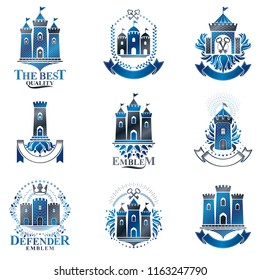 Ancient Fortresses emblems set. Heraldic Coat of Arms, vintage vector logos collection.
