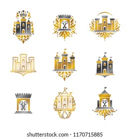 Ancient Fortresses emblems set. Heraldic Coat of Arms, vintage vector logos collection.