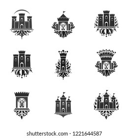 Ancient Fortresses emblems set. Heraldic Coat of Arms, vintage vector logos collection.