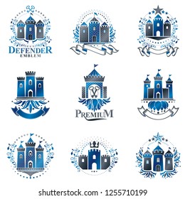 Ancient Fortresses emblems set. Heraldic Coat of Arms, vintage vector logos collection.