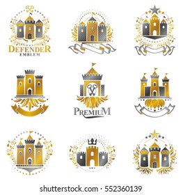 Ancient Fortresses emblems set. Heraldic Coat of Arms, vintage vector logos collection.