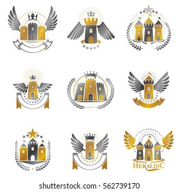 Ancient Fortresses emblems set. Heraldic Coat of Arms, vintage vector logos collection.