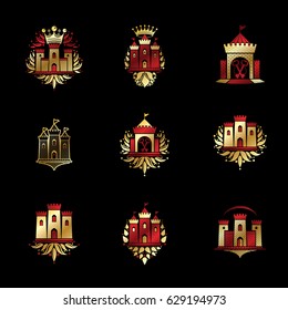 Ancient Fortresses emblems set. Heraldic Coat of Arms, vintage vector logos collection.