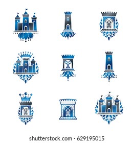 Ancient Fortresses emblems set. Heraldic Coat of Arms, vintage vector logos collection.