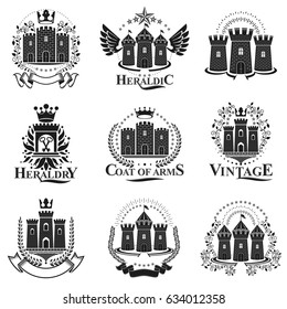 Ancient Fortresses emblems set. Heraldic Coat of Arms, vintage vector logos collection.