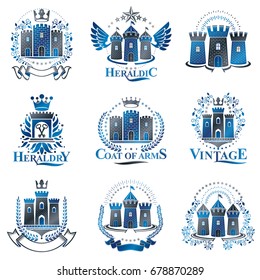 Ancient Fortresses emblems set. Heraldic Coat of Arms, vintage vector logos collection.