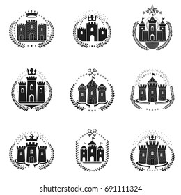 Ancient Fortresses emblems set. Heraldic Coat of Arms, vintage vector logos collection.