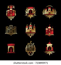 Ancient Fortresses emblems set. Heraldic Coat of Arms, vintage vector logos collection.