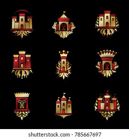 Ancient Fortresses emblems set. Heraldic Coat of Arms, vintage vector logos collection.