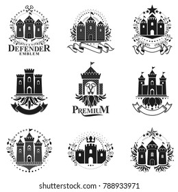 Ancient Fortresses emblems set. Heraldic Coat of Arms, vintage vector logos collection.