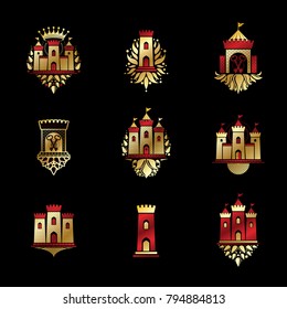 Ancient Fortresses emblems set. Heraldic Coat of Arms, vintage vector logos collection.