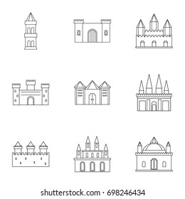 Ancient fortresses and palaces icon set. Outline style set of 9 ancient fortresses vector icons for web isolated on white background