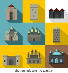 Ancient fortresses and palaces icon set. Flat style set of 9 ancient fortresses and palaces vector icons for web design