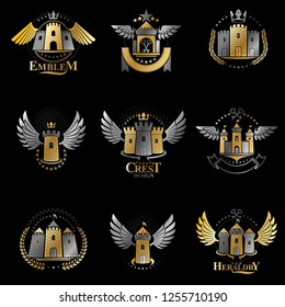 Ancient Forts emblems set. Heraldic Coat of Arms decorative logos isolated vector illustrations collection.