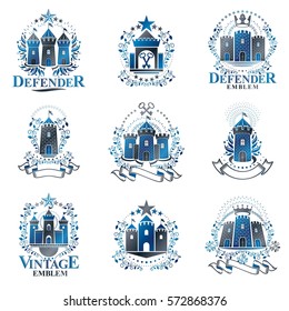 Ancient Forts emblems set. Heraldic Coat of Arms decorative logos isolated vector illustrations collection.