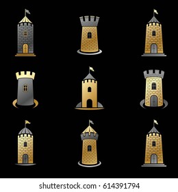 Ancient Forts emblems set. Heraldic Coat of Arms decorative logos isolated vector illustrations collection.