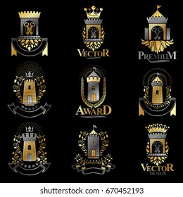 Ancient Forts emblems set. Heraldic Coat of Arms decorative logos isolated vector illustrations collection.