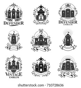 Ancient Forts emblems set. Heraldic Coat of Arms decorative logos isolated vector illustrations collection.