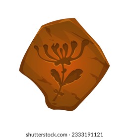 Ancient fossil, plant imprint in stone, vector paleontology and archaeology science. Cartoon rock of Jurassic period with impression or trace of prehistoric plant silhouette with leaves and flower